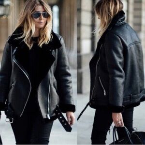 Zara Faux Leather Shearling Black Bomber Jacket